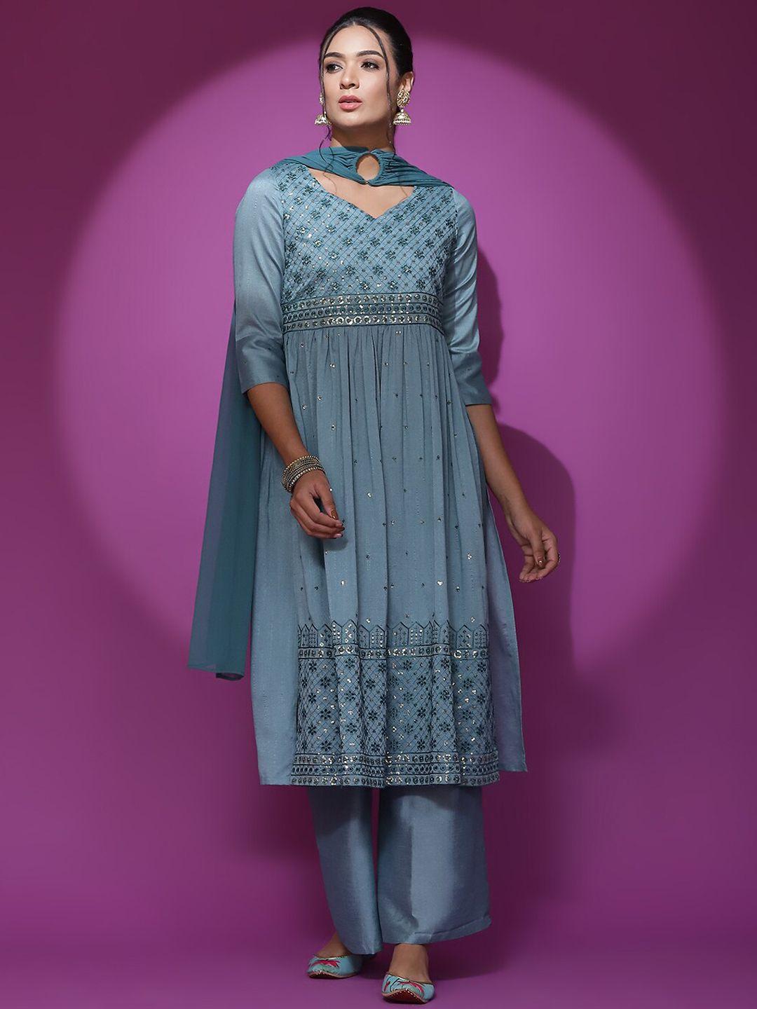 aks couture floral embroidered v-neck sequinned a-line kurta & palazzo with dupatta