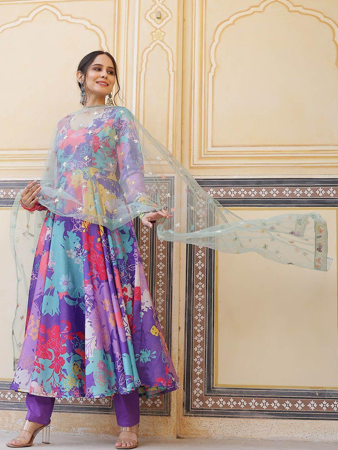 aks couture floral printed anarkali kurta with trousers & dupatta