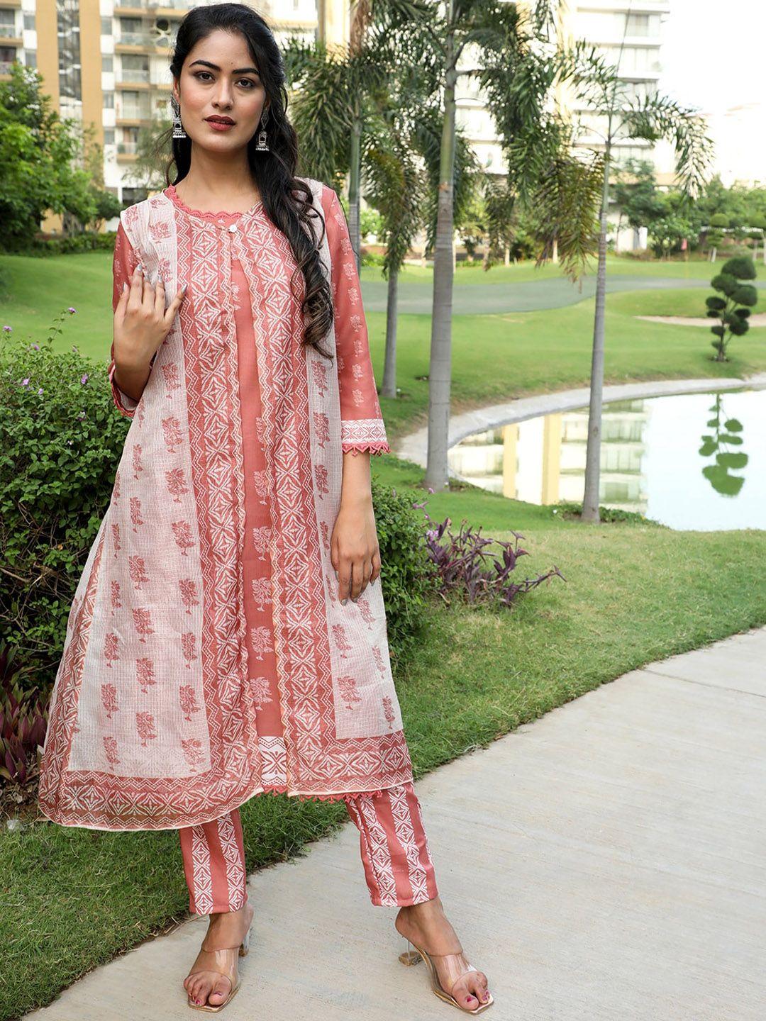 aks couture floral printed linen a-line kurta with trousers & jacket