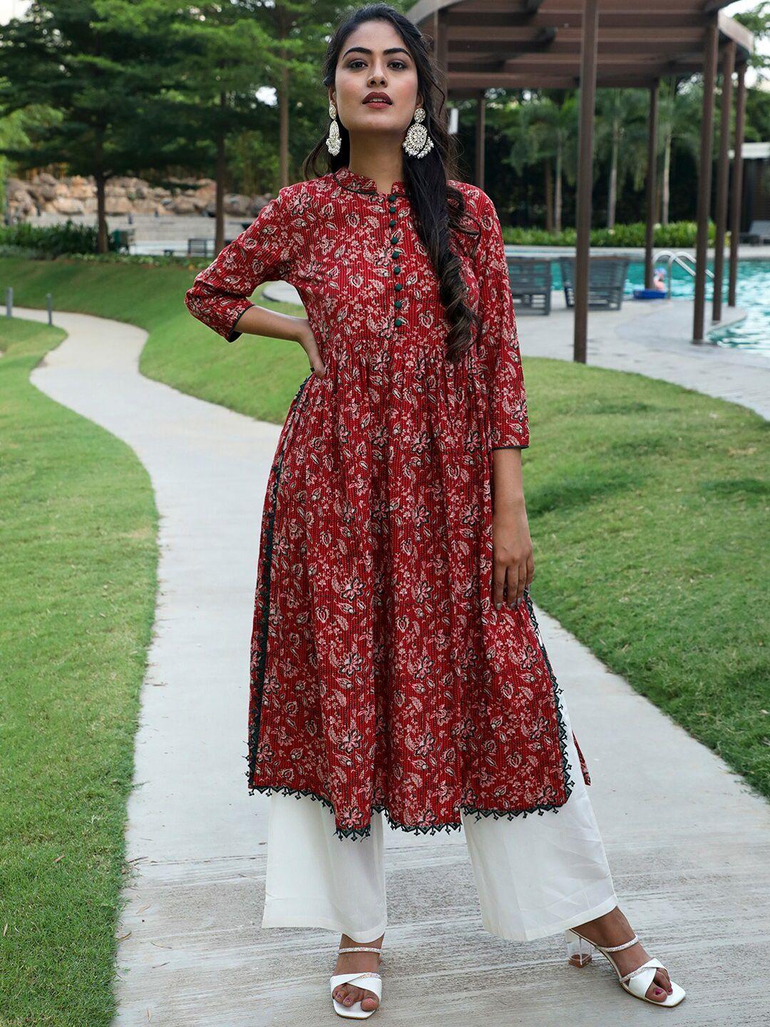 aks couture floral printed mandarin collar a-line kurta