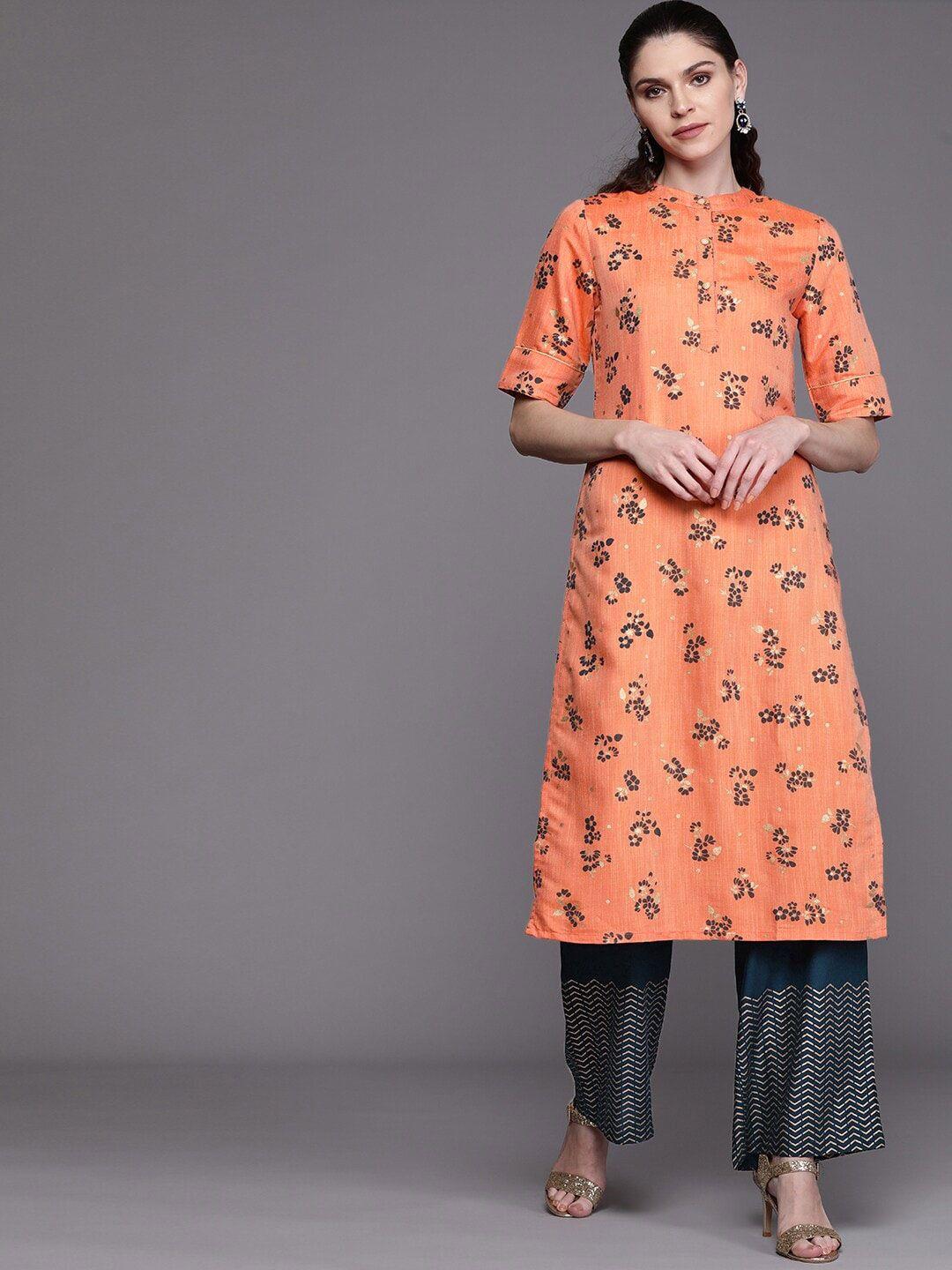aks couture floral printed mandarin collar straight kurta with palazzos