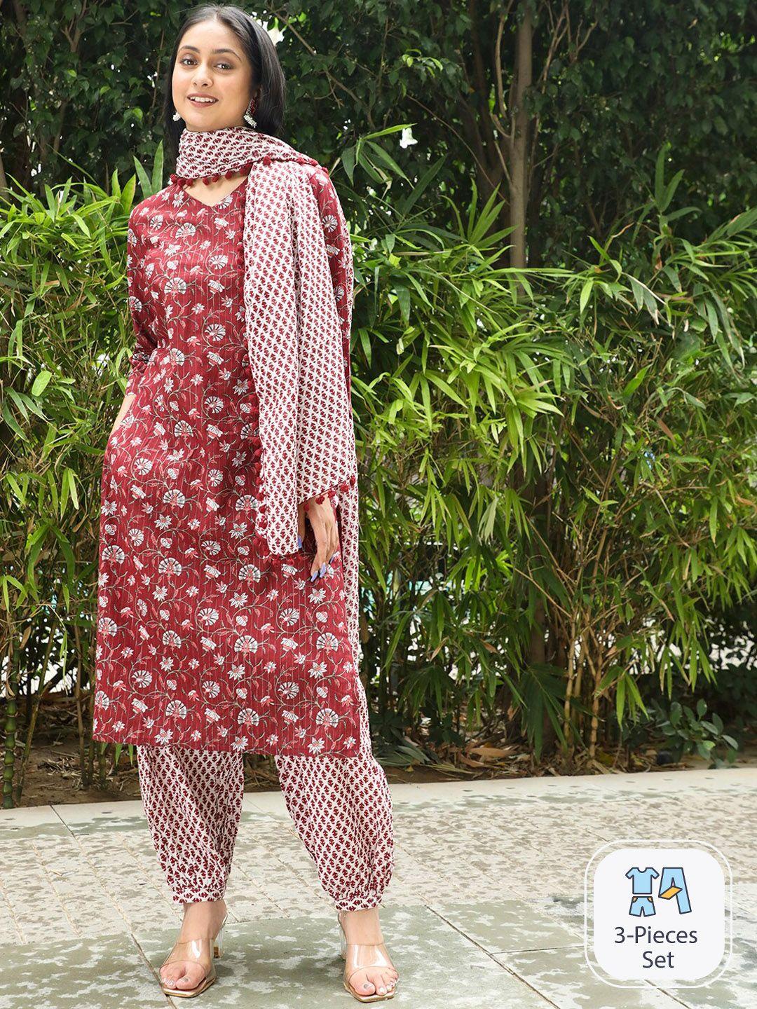 aks couture floral printed pure cotton kurta with harem pants & dupatta