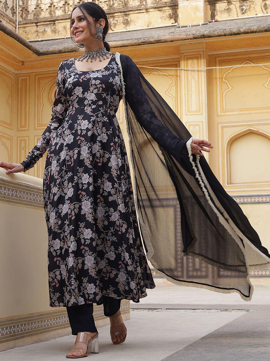 aks couture floral printed regular anarkali kurta with trousers & dupatta