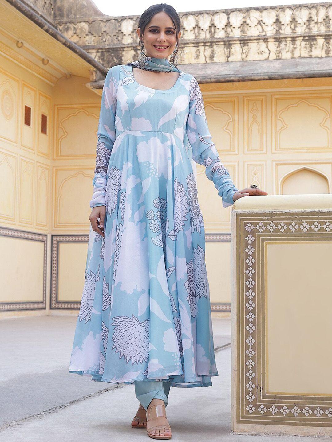 aks couture floral printed regular anarkali kurta with trousers & dupatta