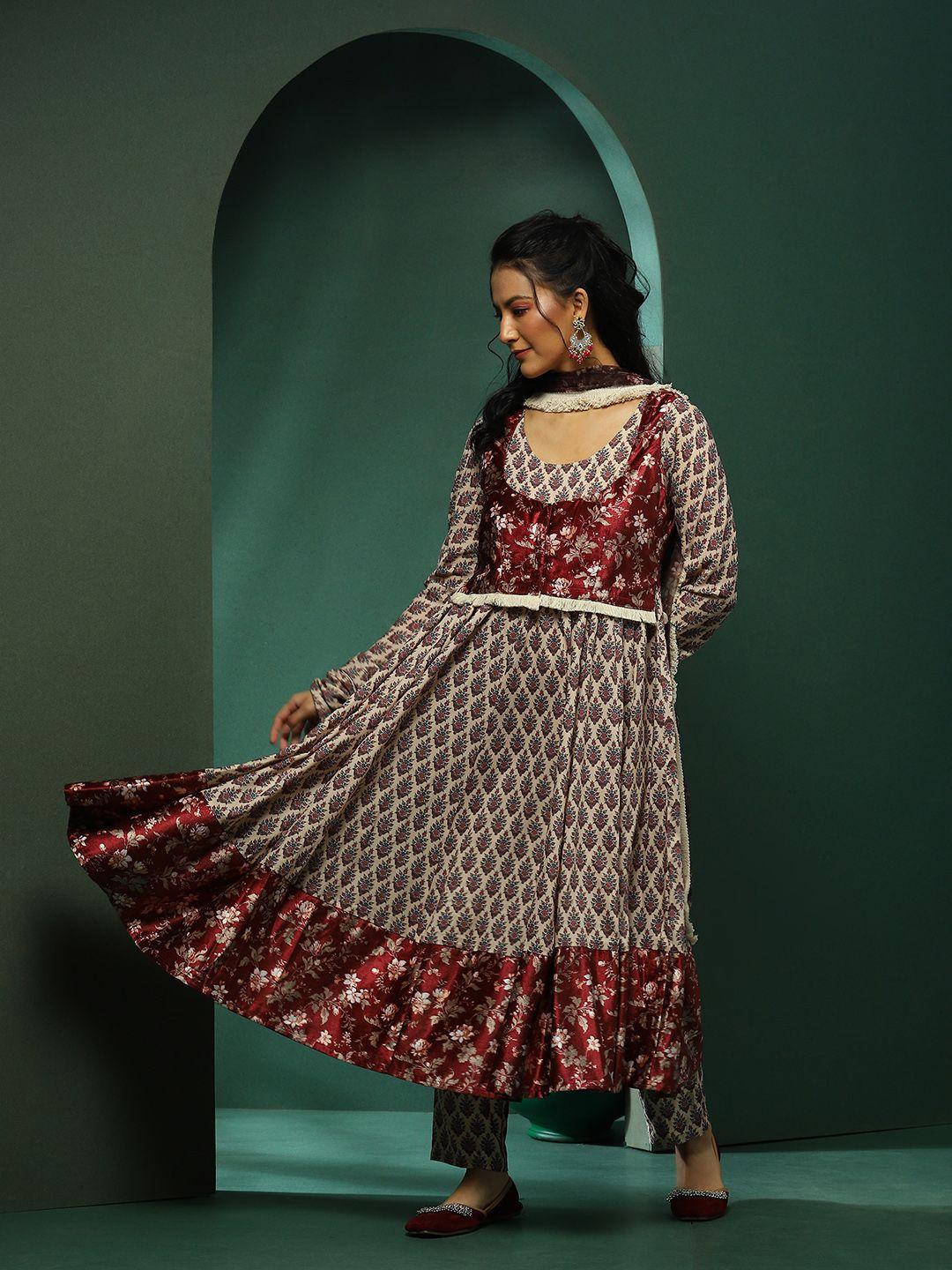 aks couture floral printed round neck empire flared kurta with trousers & dupatta