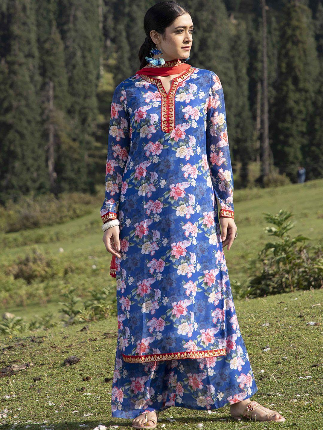aks couture floral printed sequined straight kurta & palazzos with dupatta
