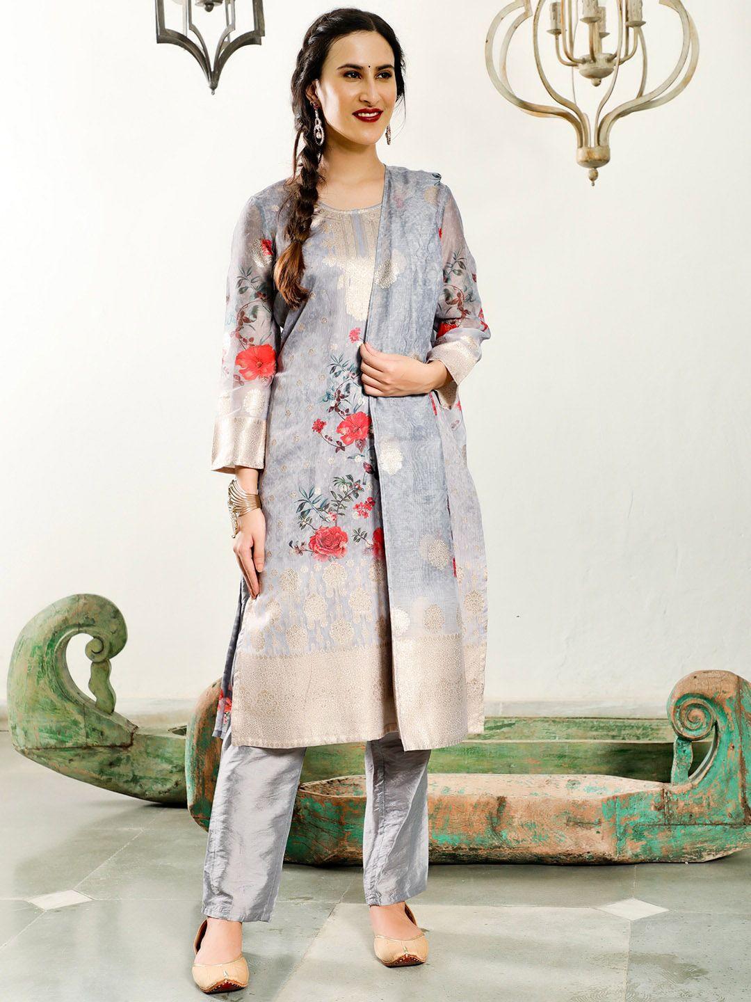 aks couture floral printed straight kurta & trousers with dupatta