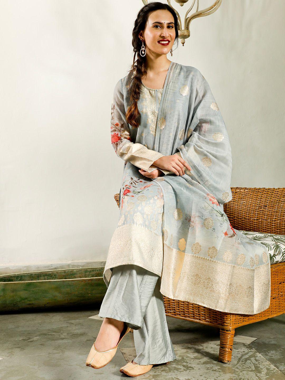 aks couture floral printed straight kurta & trousers with dupatta