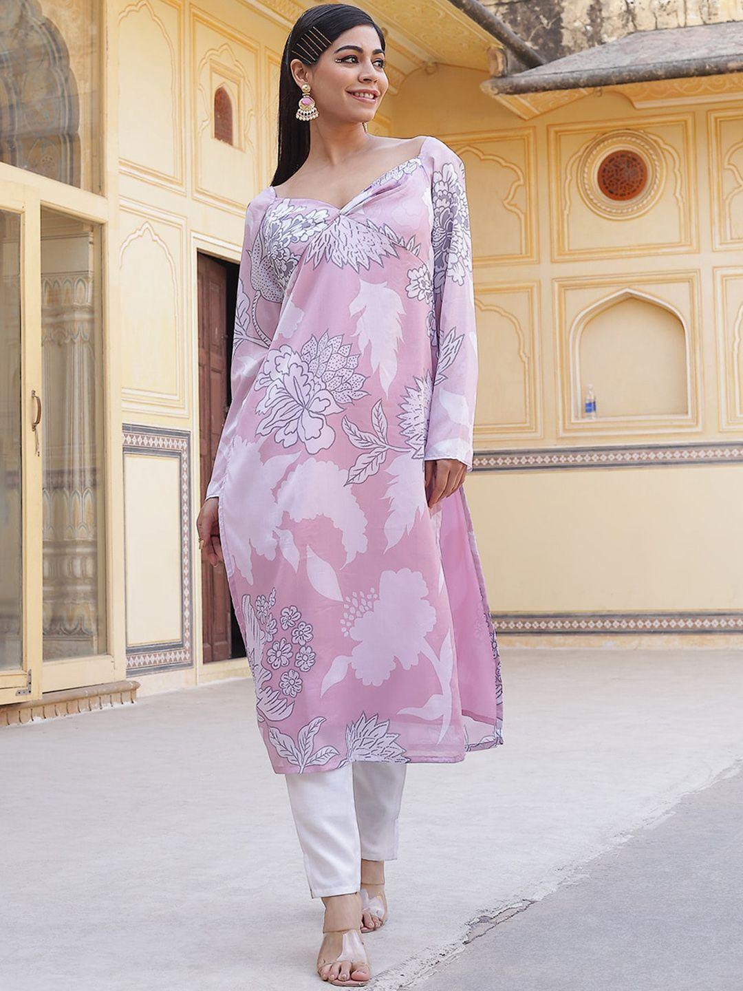 aks couture floral printed sweetheart neck empire straight kurta