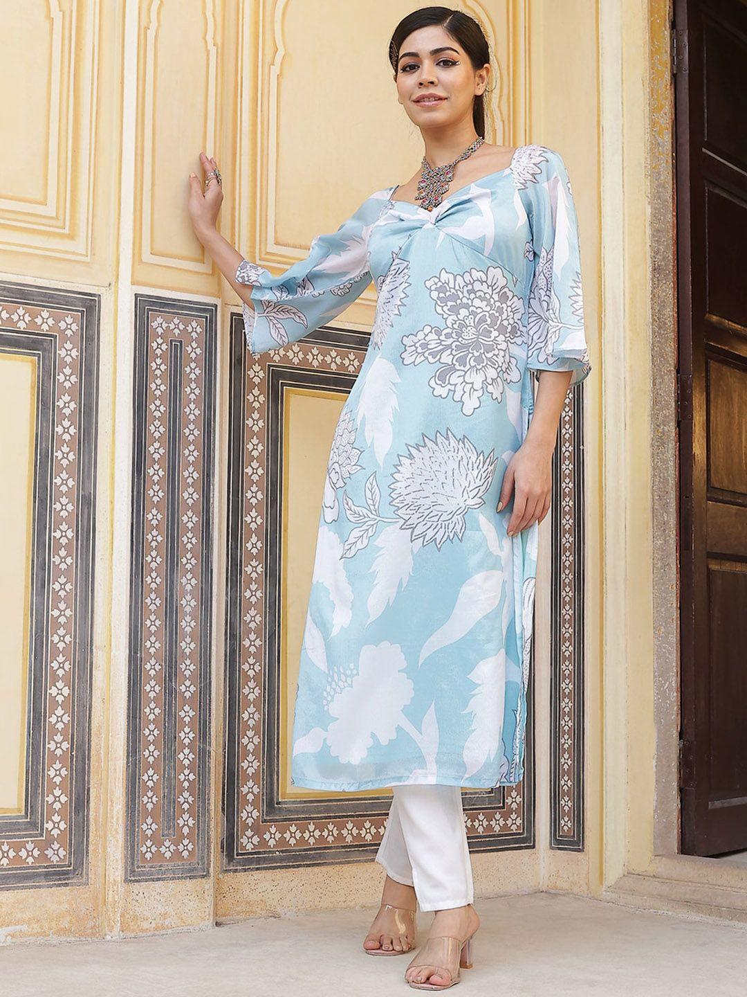 aks couture floral printed sweetheart neck empire straight kurta