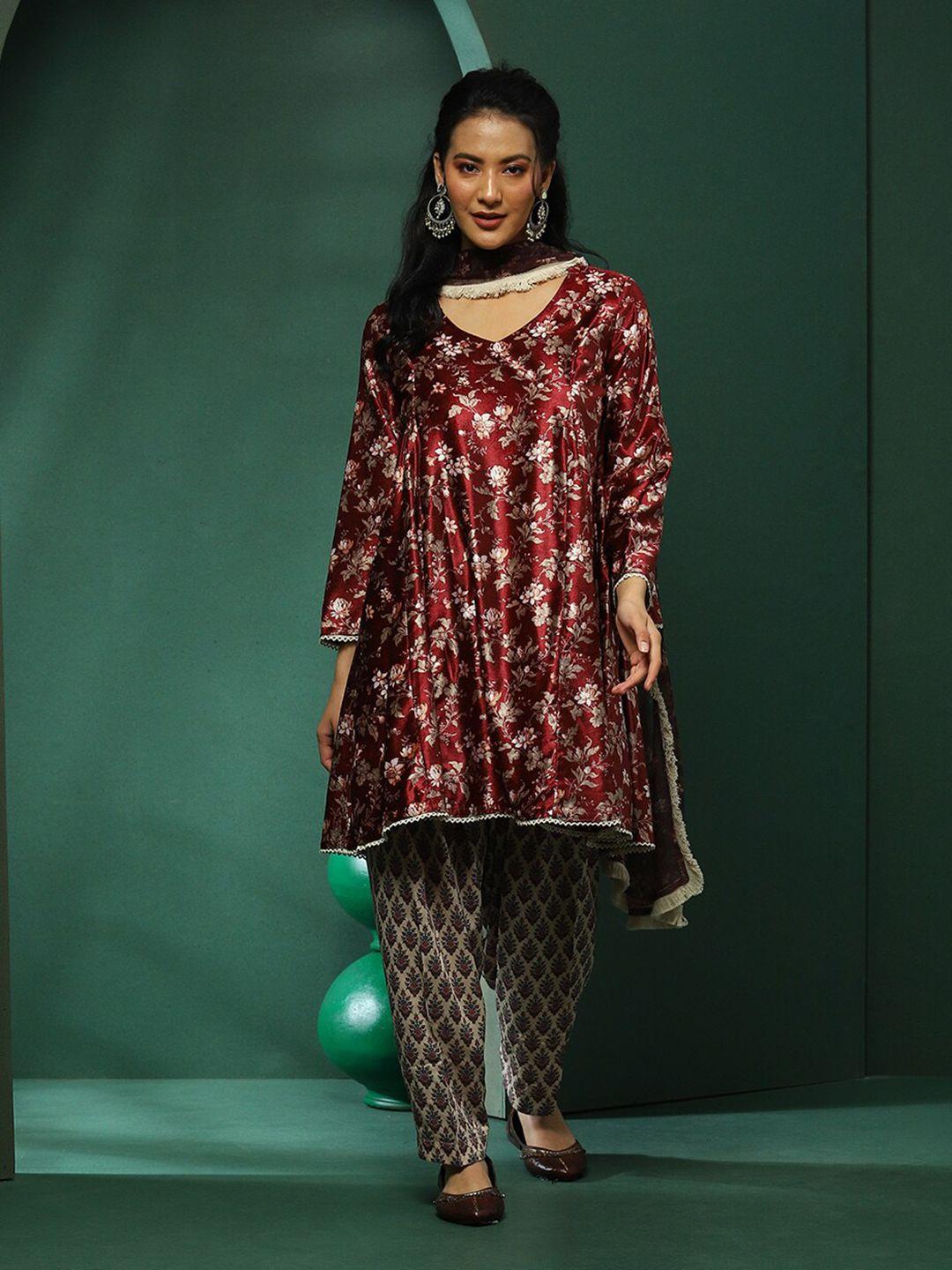 aks couture floral printed v-neck velvet kurta with salwar & with dupatta