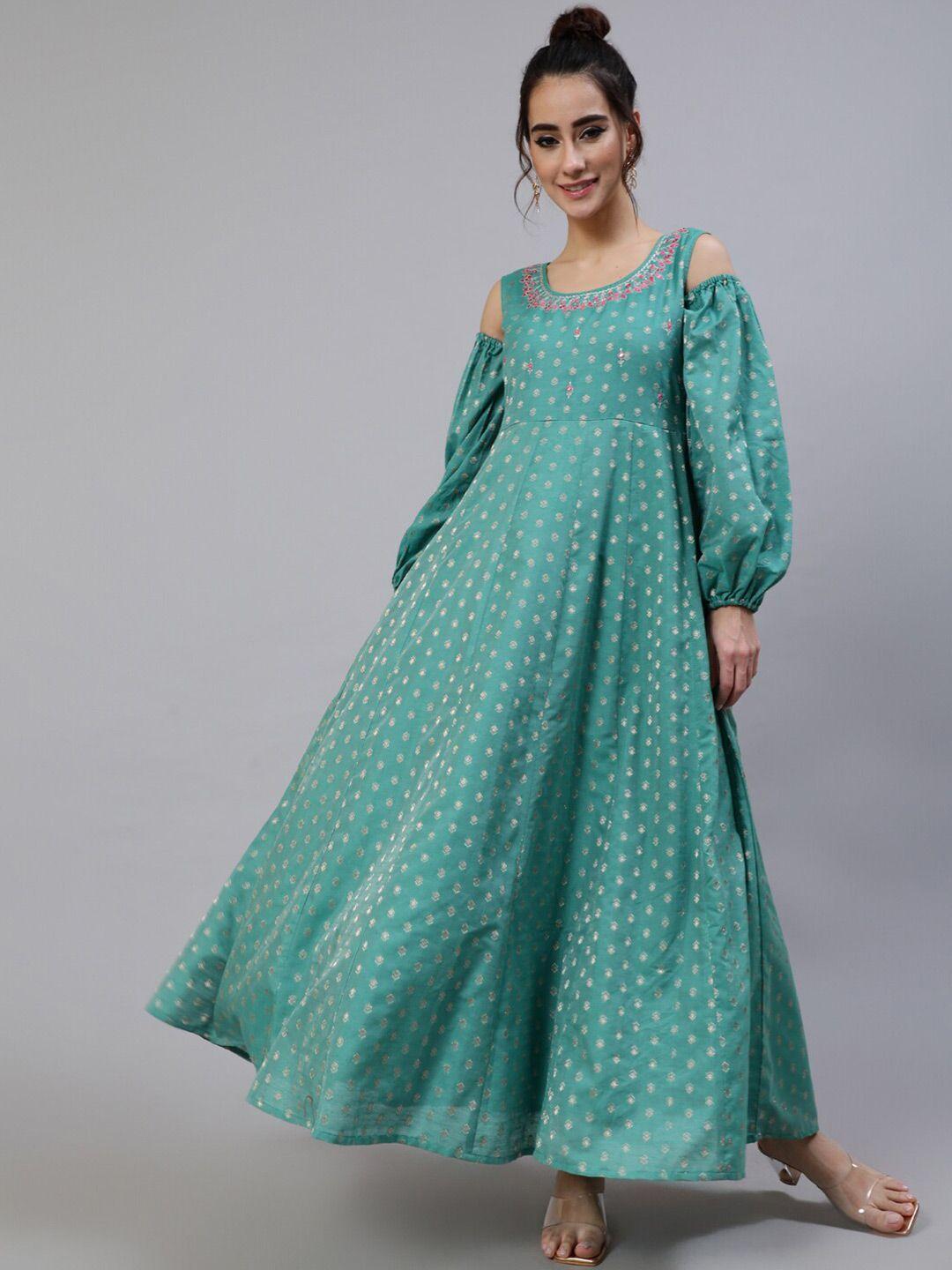 aks couture green ethnic motifs print cold-shoulder maxi dress