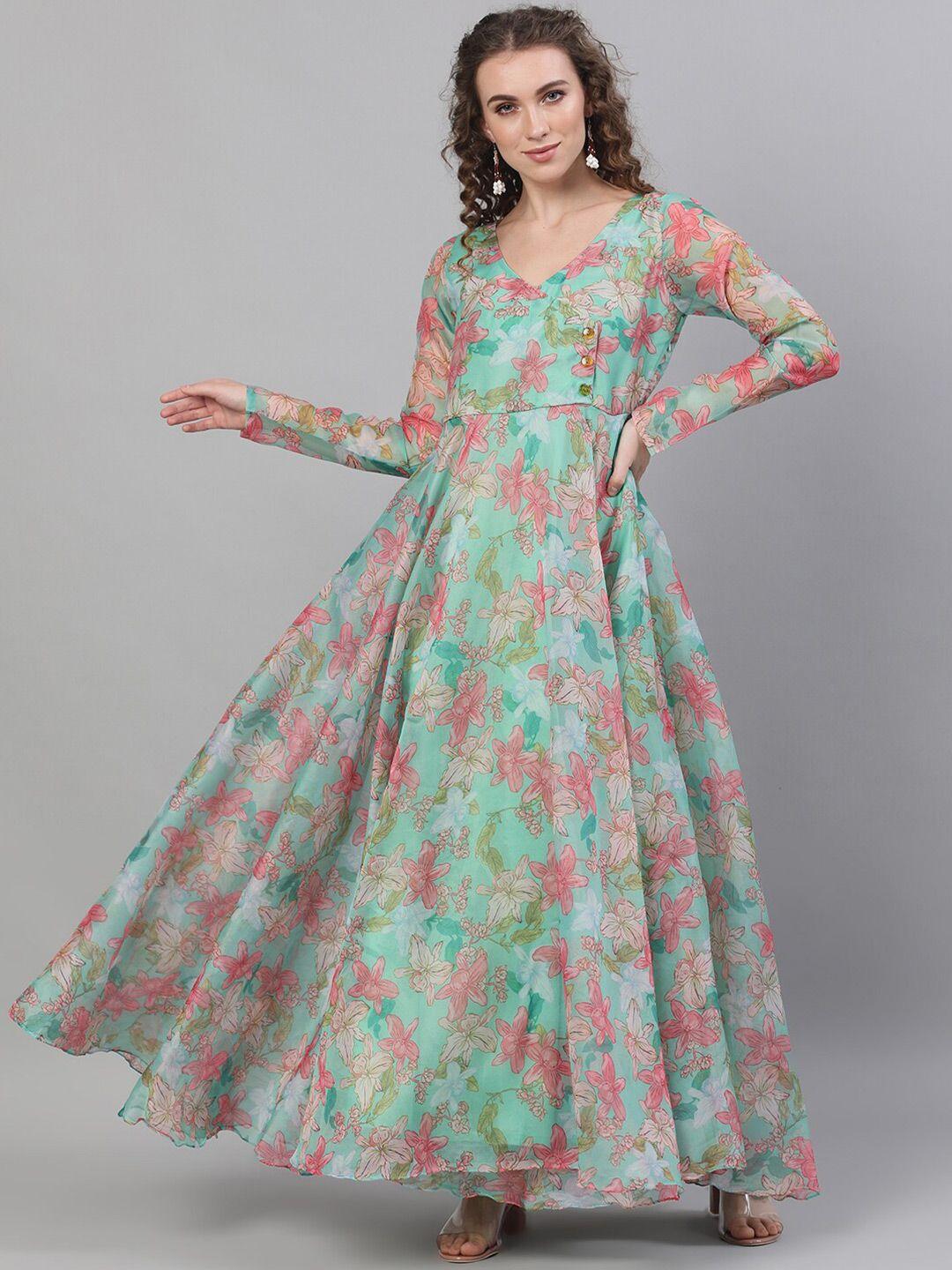 aks couture green floral print bell sleeve maxi dress