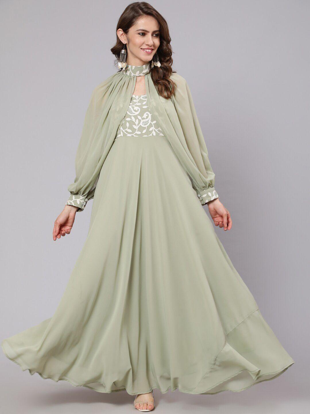 aks couture green puff sleeve georgette maxi dress