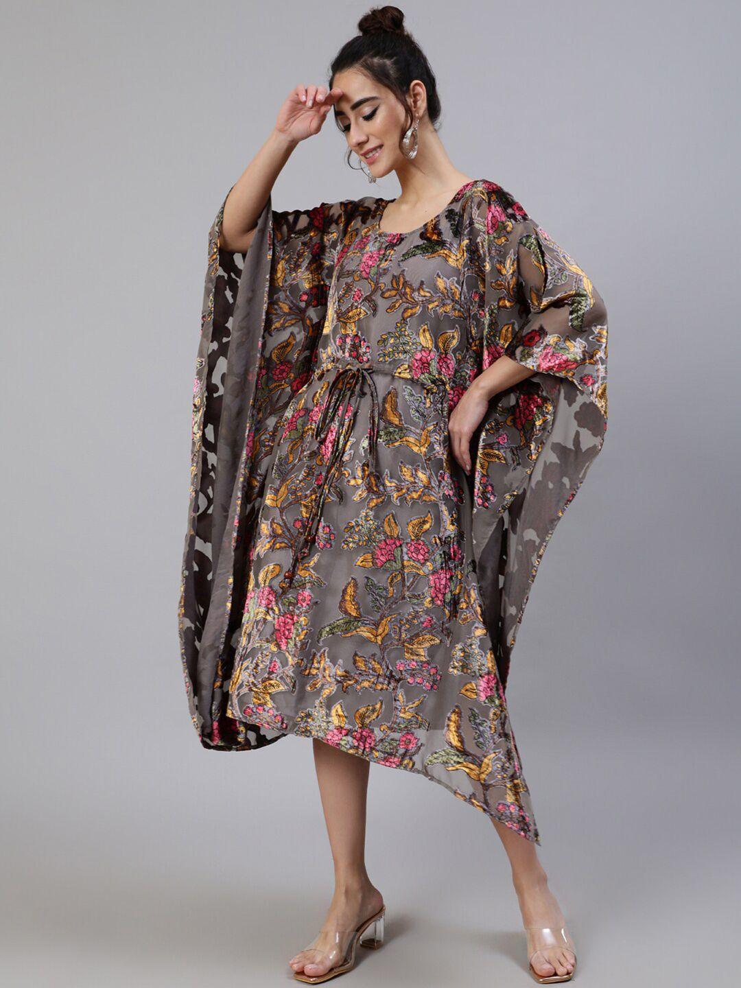 aks couture grey floral print slit sleeve velvet kaftan midi dress