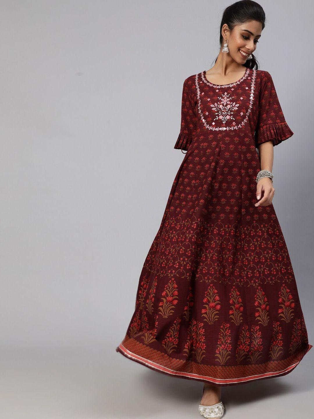 aks couture maroon ethnic motifs print flared sleeve maxi dress