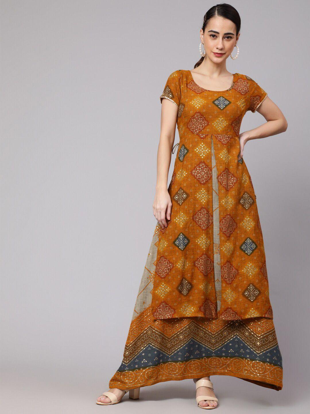 aks couture mustard yellow ethnic motifs print maxi dress