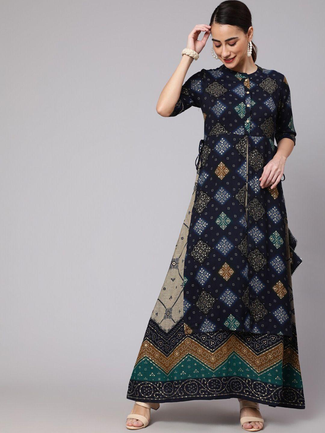 aks couture navy blue ethnic motifs print keyhole neck maxi dress