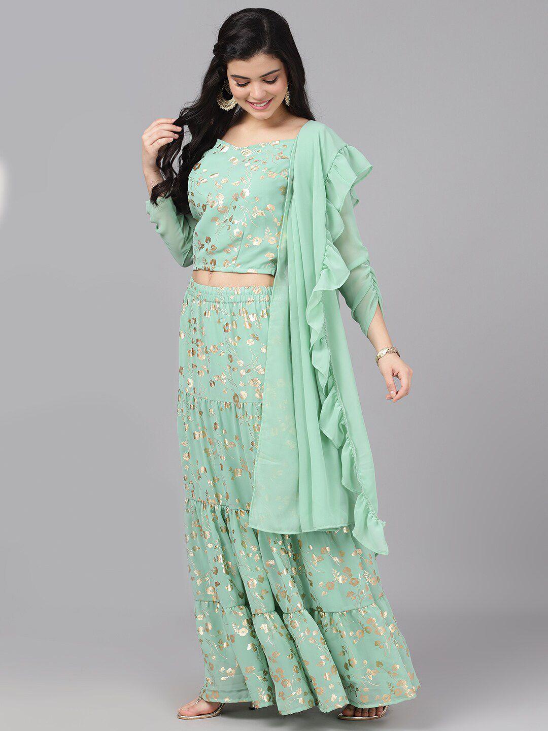 aks couture sea green & gold-toned printed ready to wear lehenga & blouse with dupatta