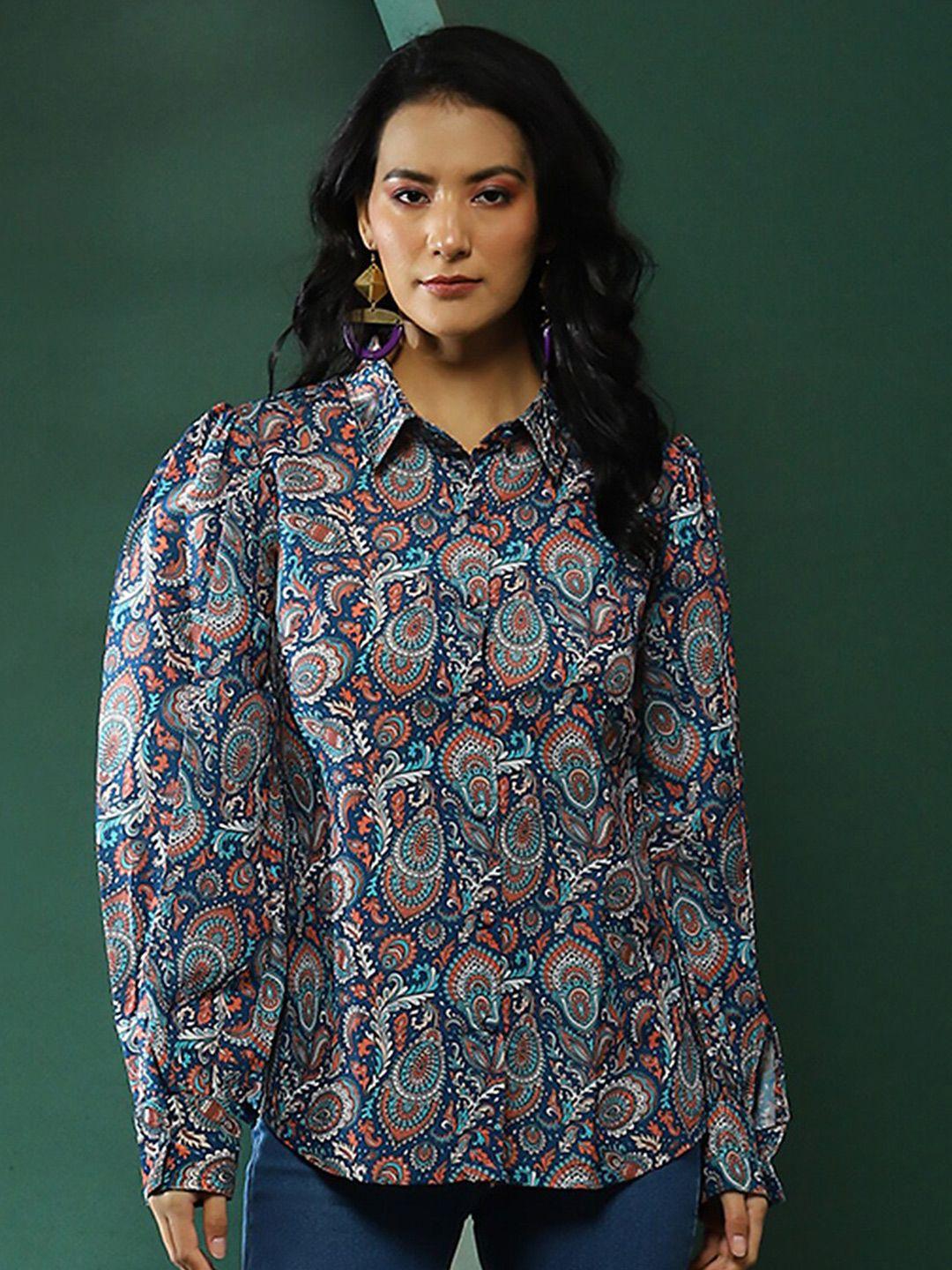 aks couture spread collar long puff sleeves ethnic printed casual shirt