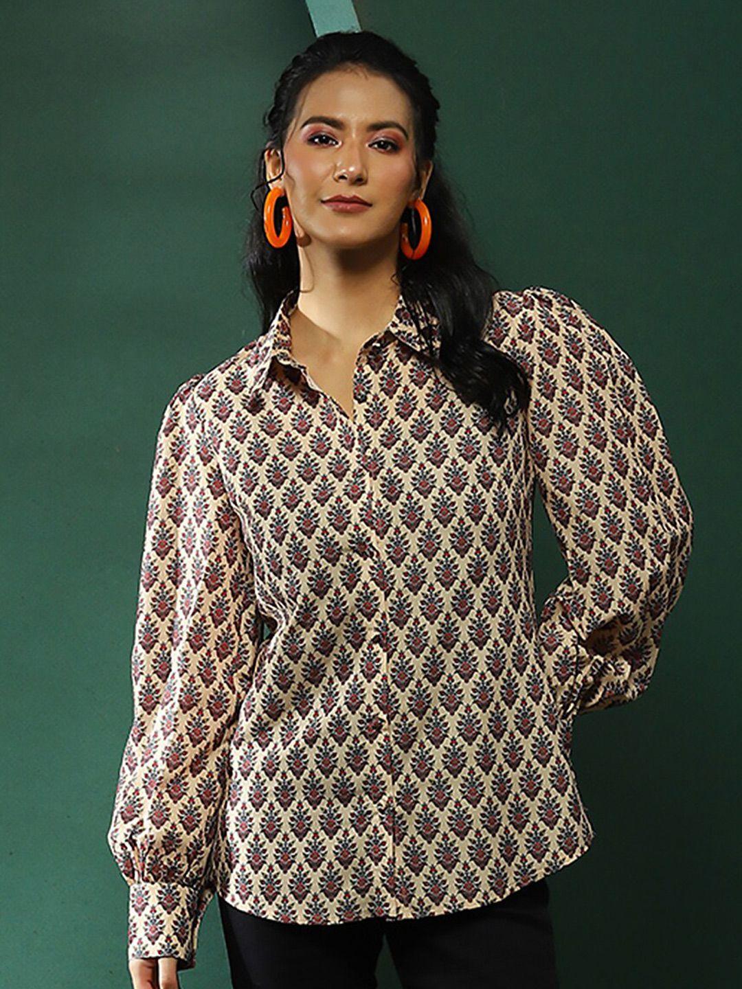 aks couture spread collar long puff sleeves ethnic printed casual shirt