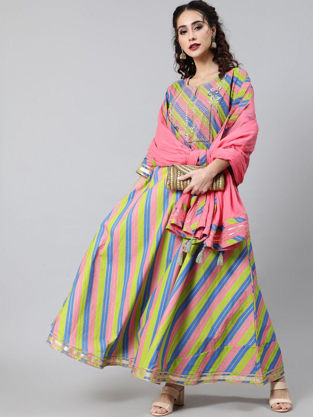 aks couture striped cotton maxi dress with dupatta