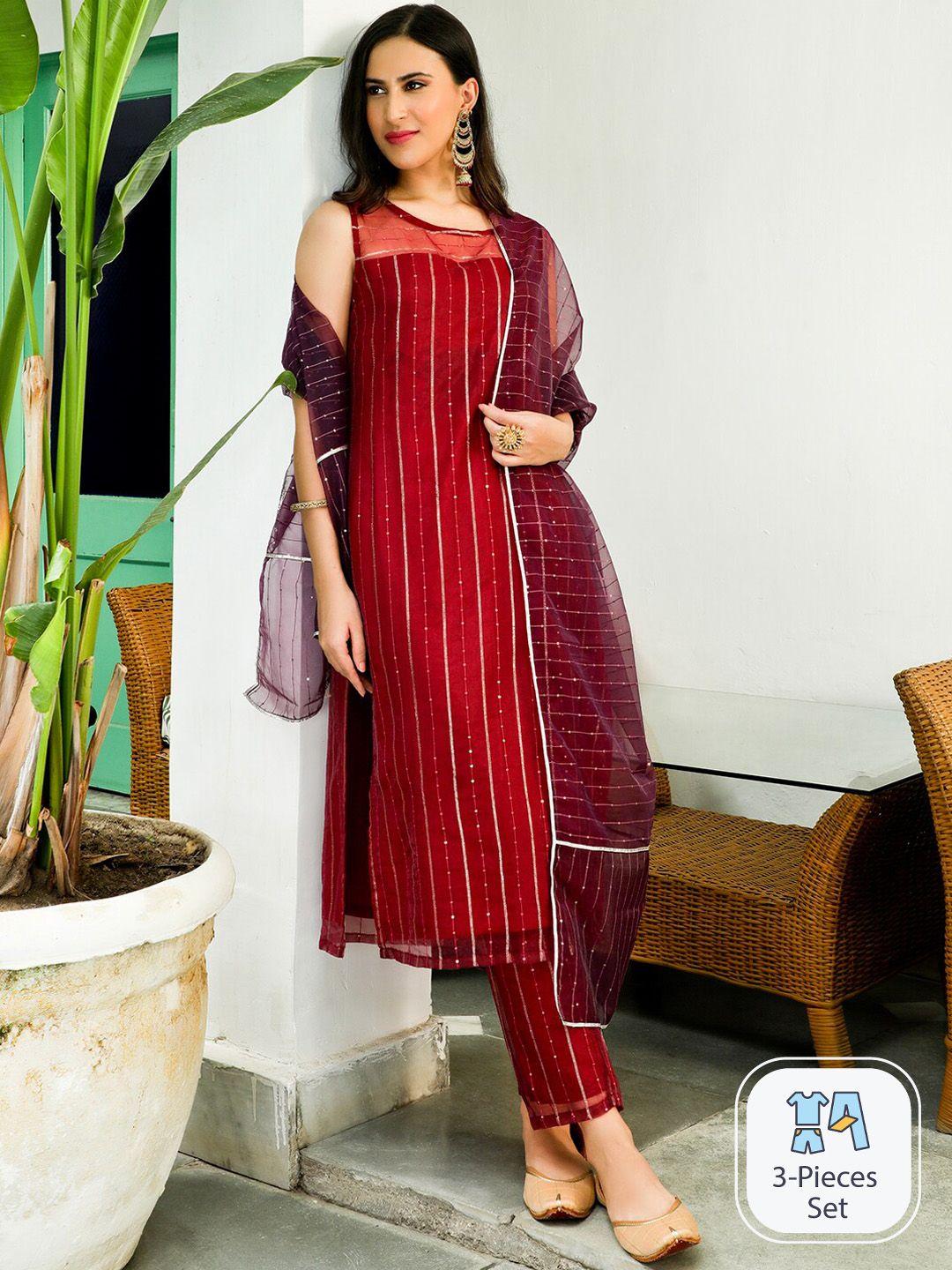 aks couture striped embellished sequinned straight kurta with trousers & with dupatta