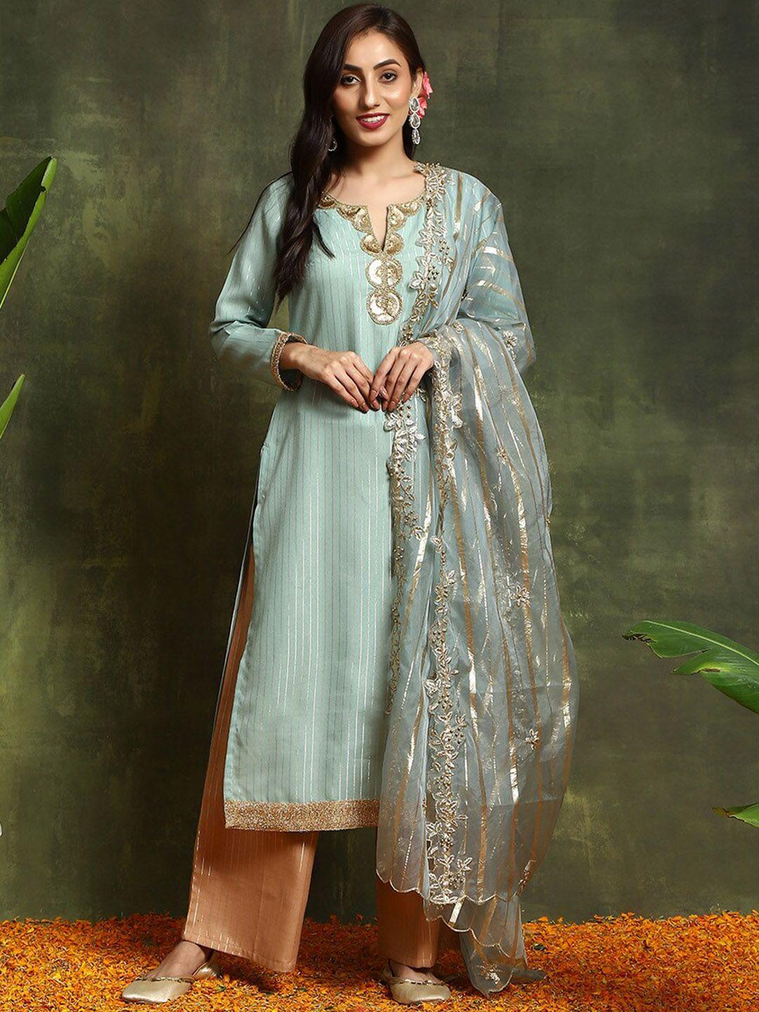 aks couture striped sequinned detailed straight kurta & palazzos with dupatta
