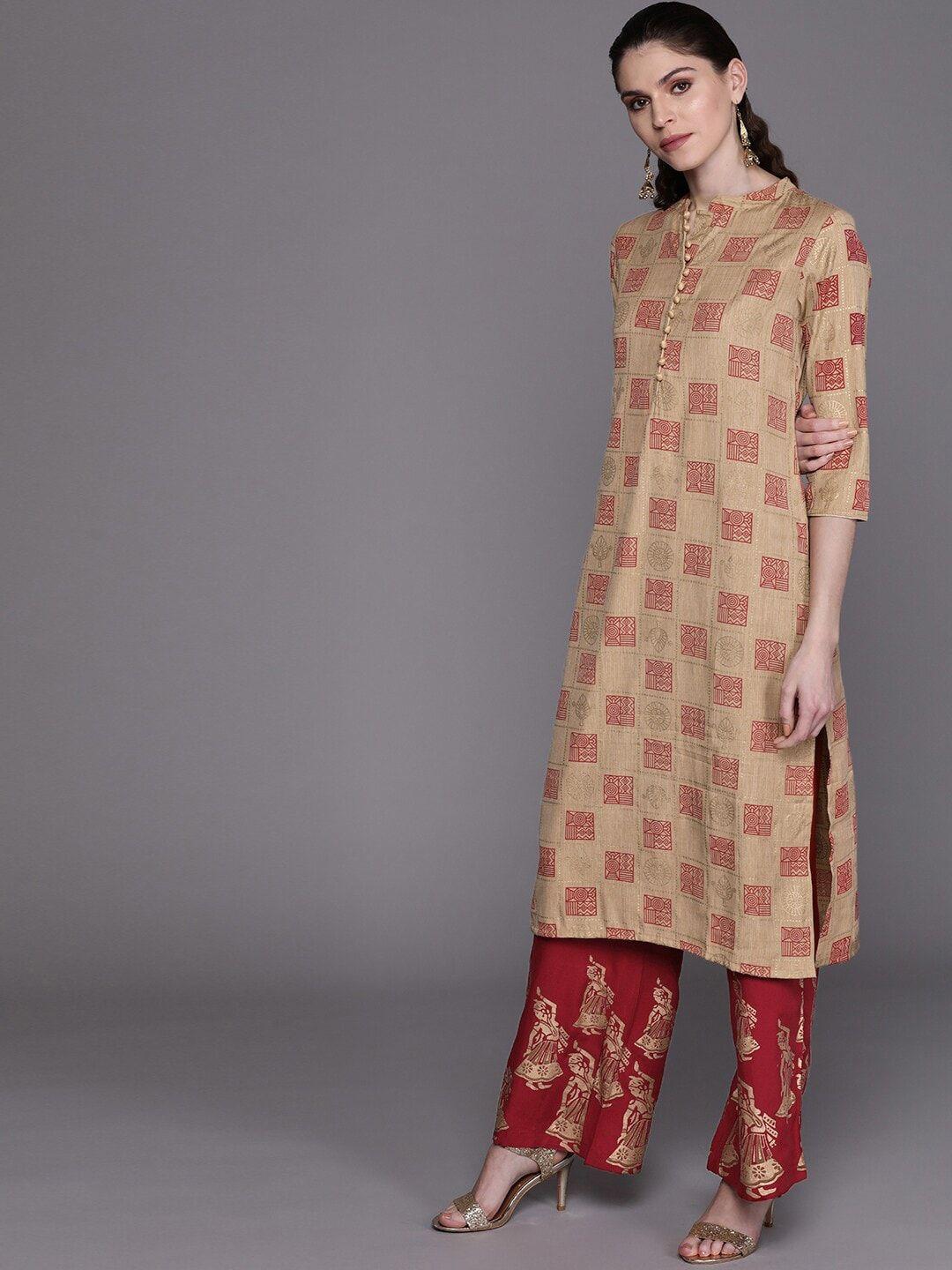aks couture women beige printed regular chanderi silk kurta with palazzos