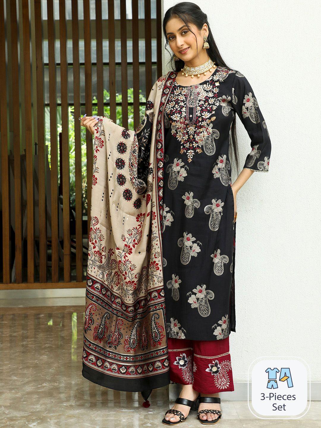 aks couture women black floral embroidered regular thread work chanderi silk kurta with sharara & with