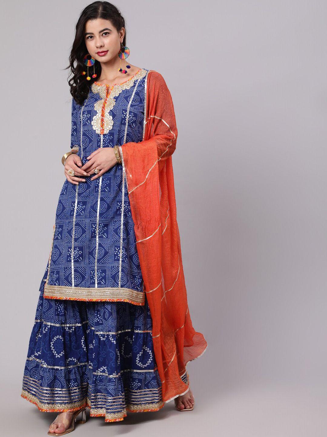 aks couture women blue ethnic motifs embroidered regular gotta patti pure cotton kurta with sharara & with