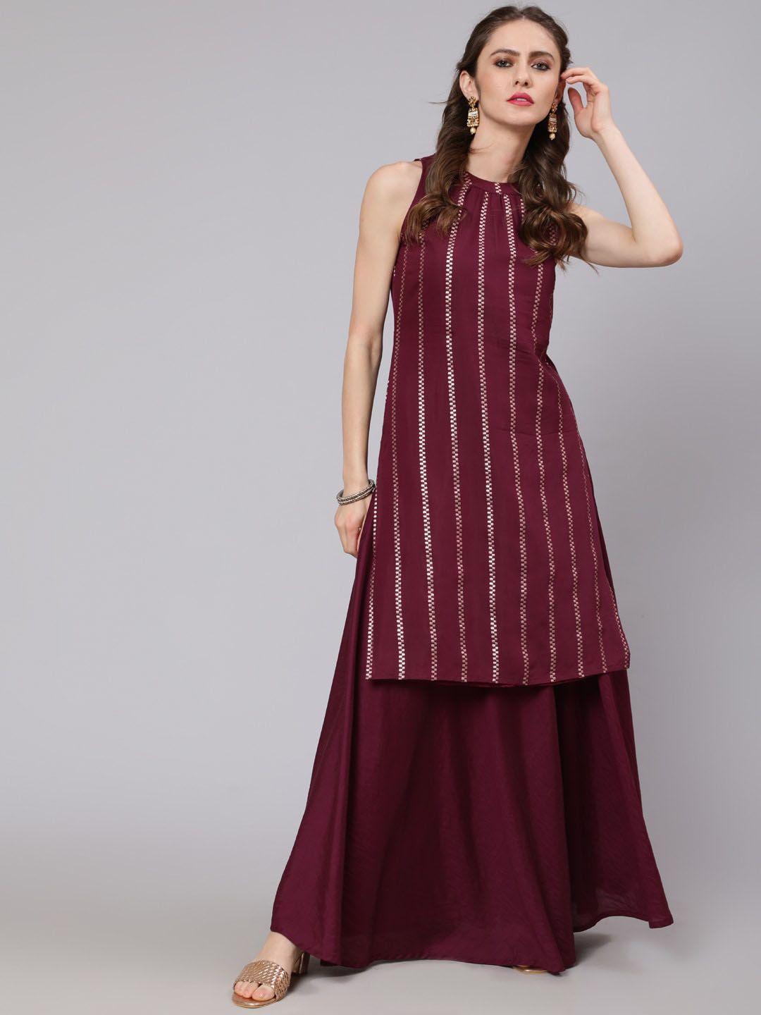 aks couture women burgundy striped regular chanderi silk kurta with skirt