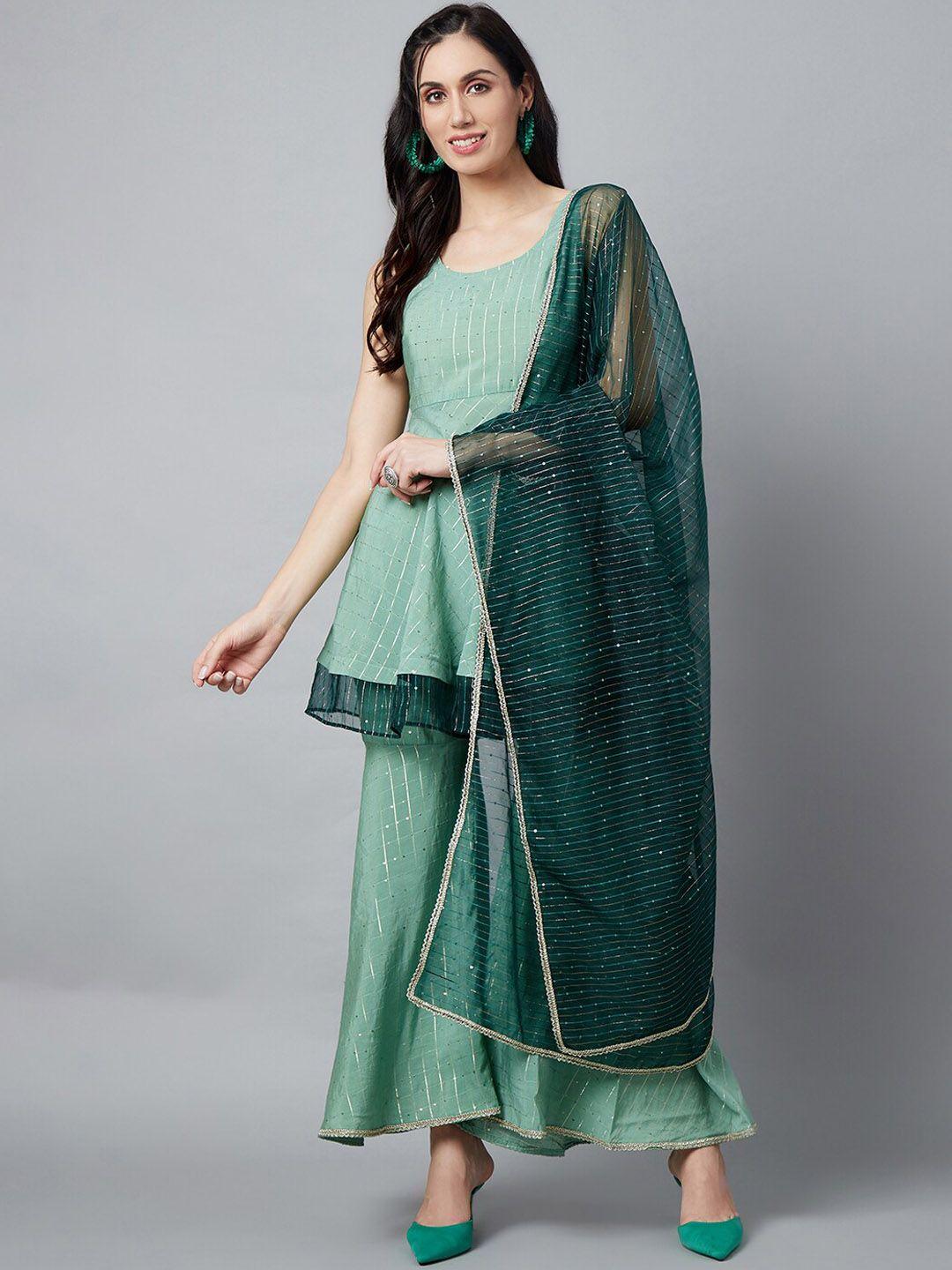 aks couture women green embroidered empire sequinned pure cotton kurta with sharara & with dupatta