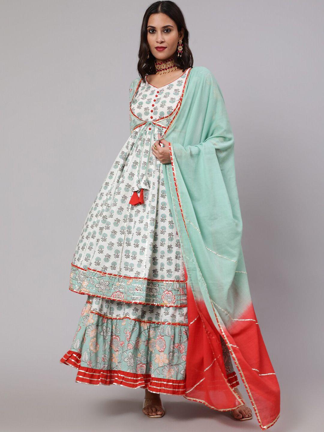 aks couture women green floral printed regular gotta patti pure cotton kurta with sharara & with dupatta