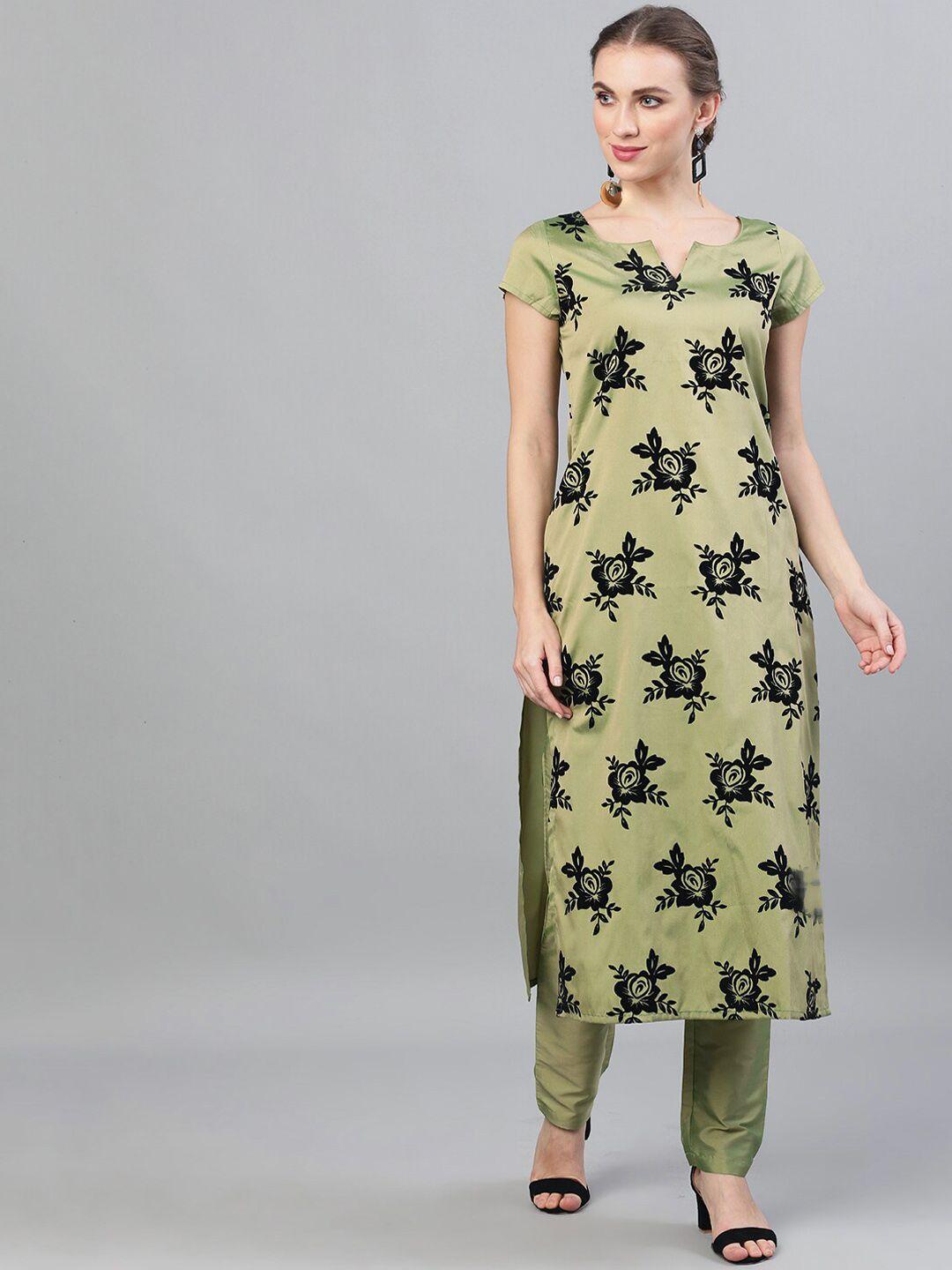 aks couture women green floral printed regular kurta with trousers