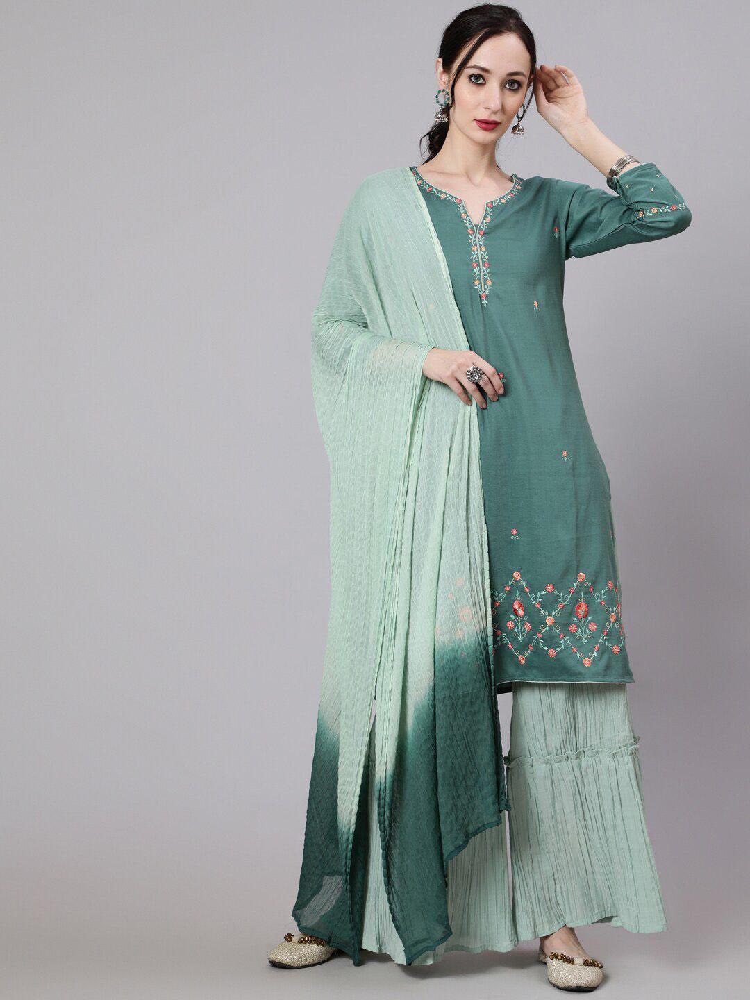 aks couture women green ombre embroidered regular thread work kurta with sharara & with dupatta