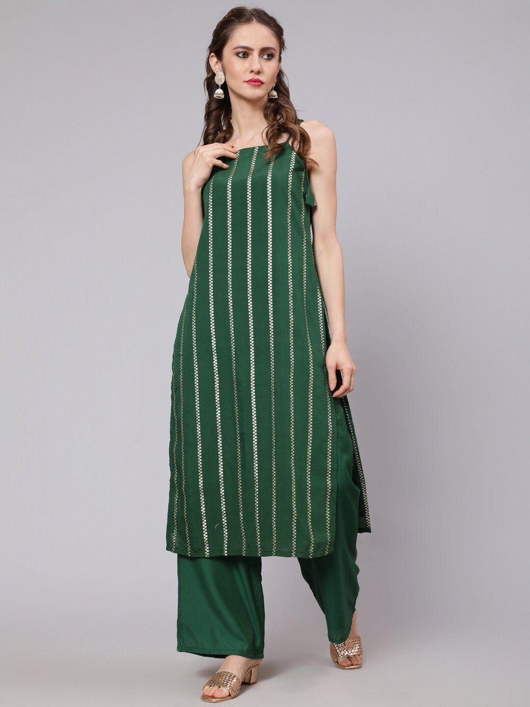 aks couture women green regular chanderi silk kurta with palazzos