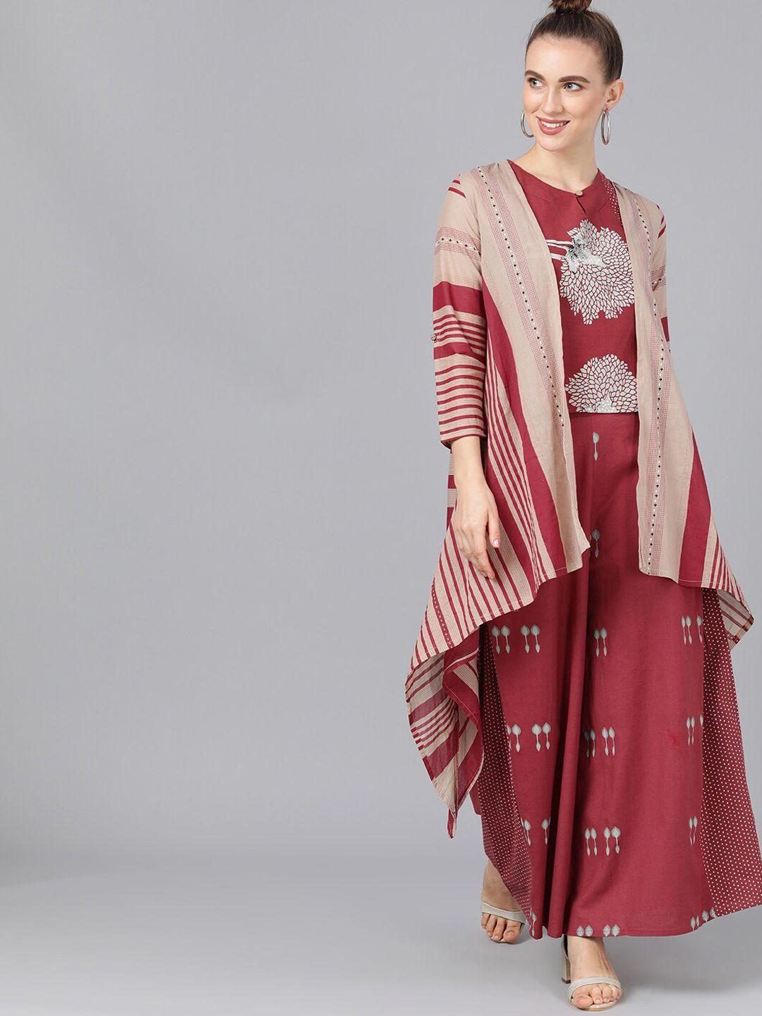 aks couture women maroon & beige printed top with palazzos & jacket