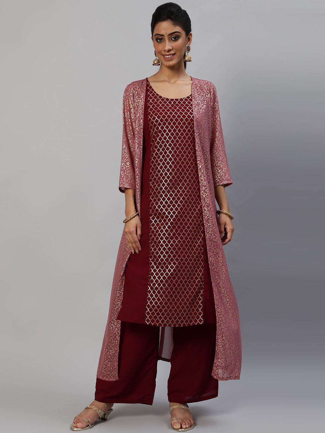 aks couture women maroon ethnic motifs printed regular kurta with palazzos