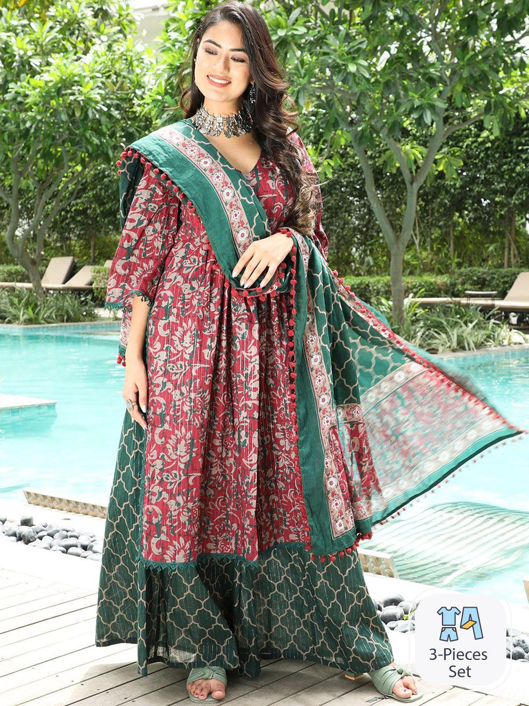 aks couture women maroon floral printed high slit pure cotton kurta with palazzos & with dupatta