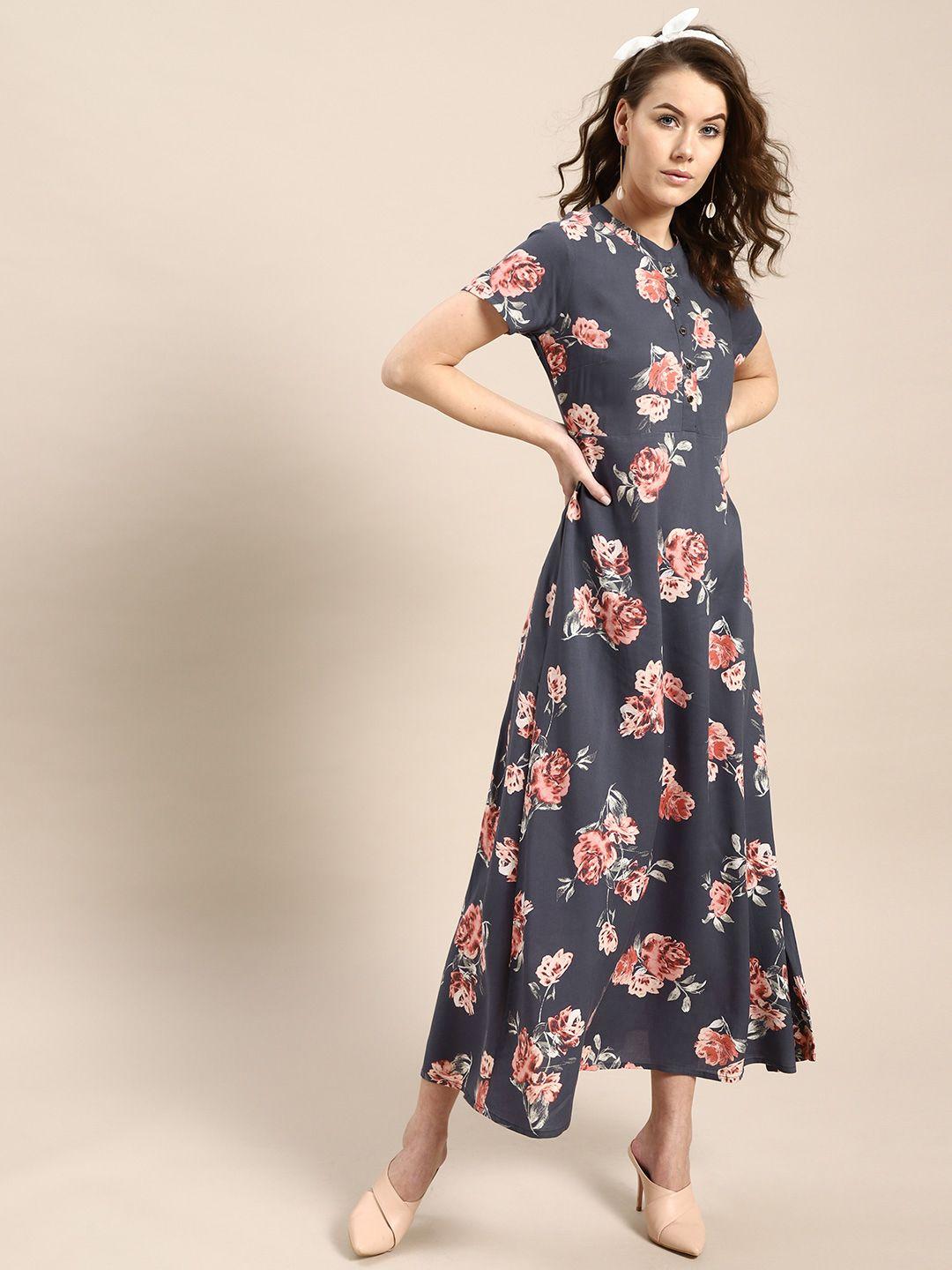 aks couture women navy blue & pink printed maxi dress