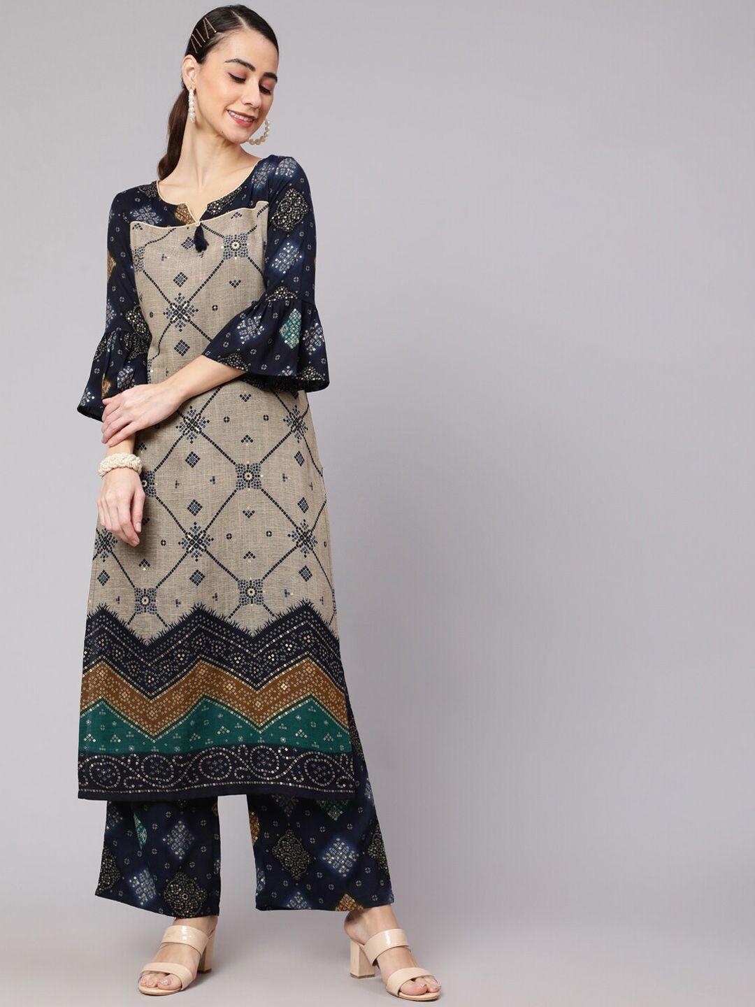 aks couture women navy blue ethnic motifs printed regular kurta with palazzos