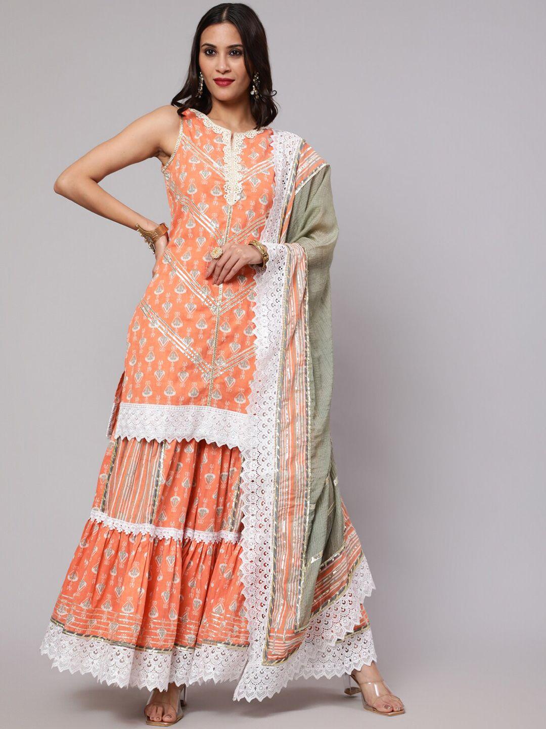 aks couture women peach-coloured ethnic motifs printed regular pure cotton kurta with sharara & with dupatta