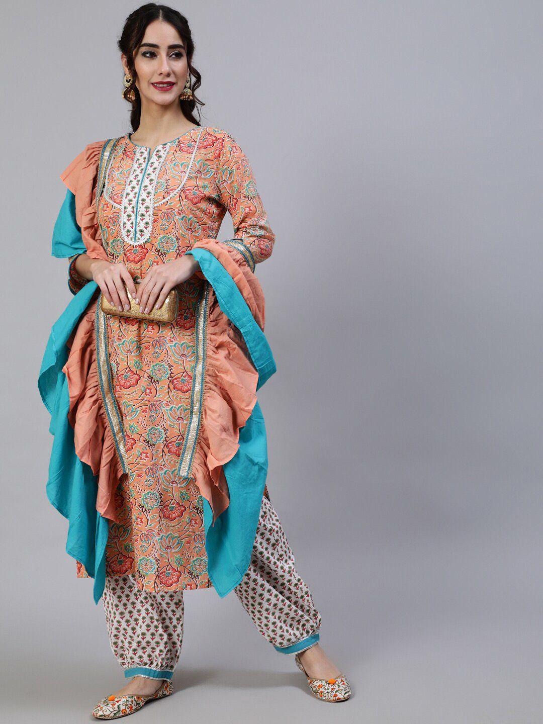 aks couture women peach-coloured floral printed regular pure cotton kurta with trousers & with dupatta