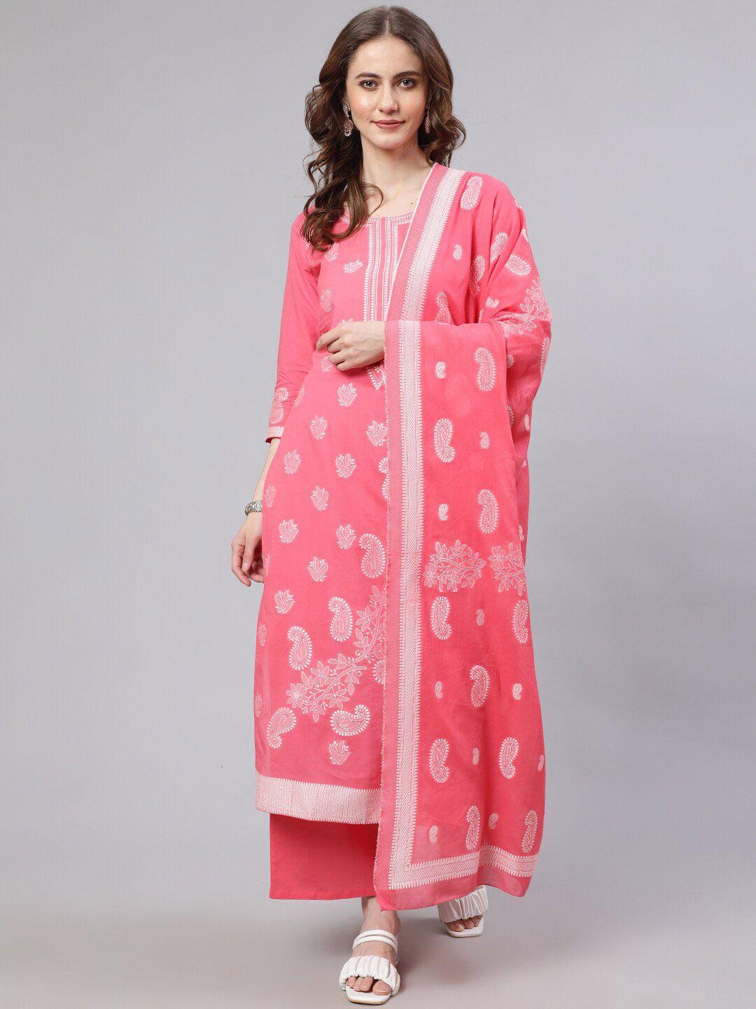 aks couture women pink ethnic motifs embroidered regular thread work pure cotton kurta with palazzos & with