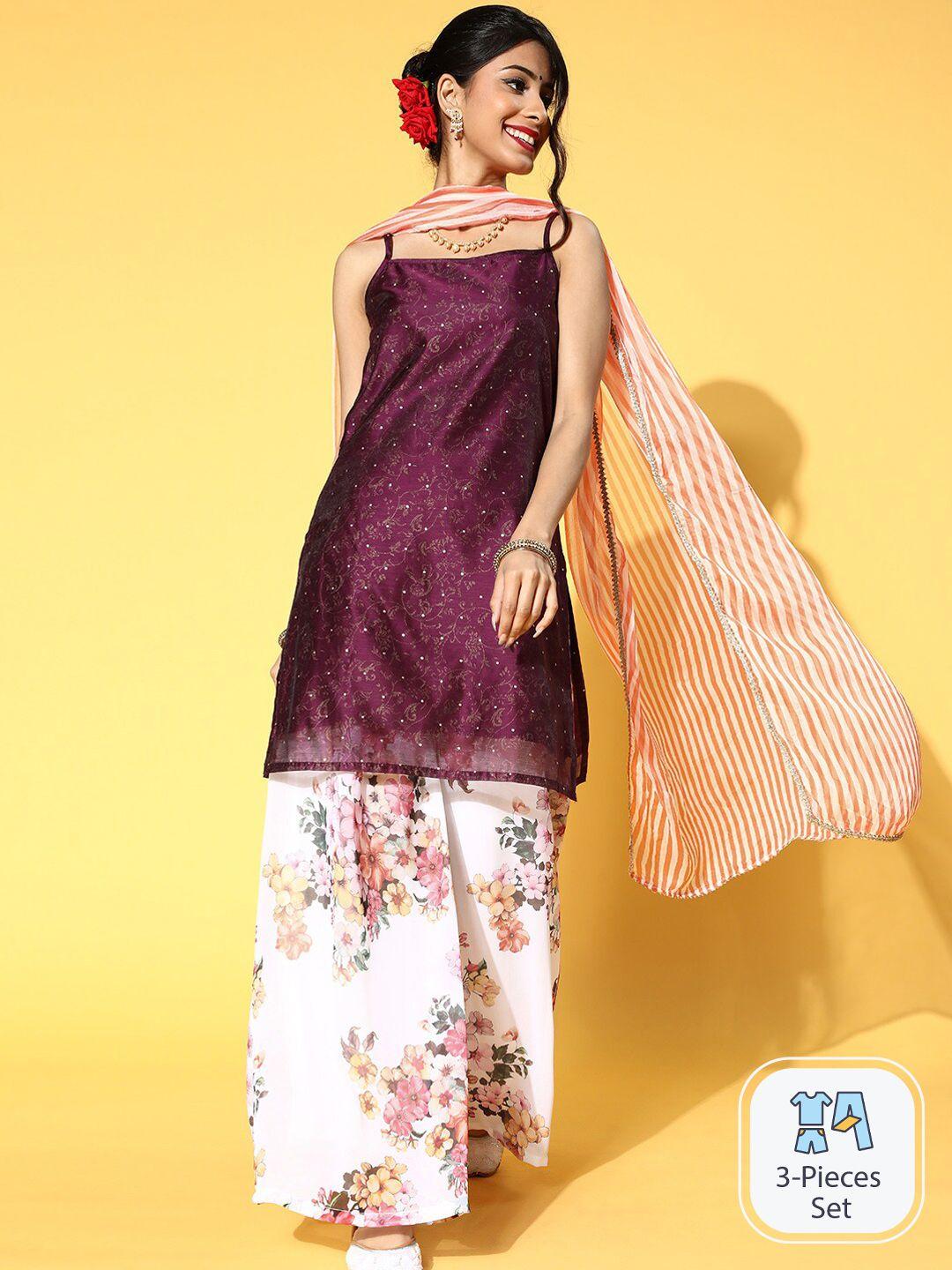 aks couture women purple ethnic motifs printed regular chanderi silk kurta with palazzos & with dupatta