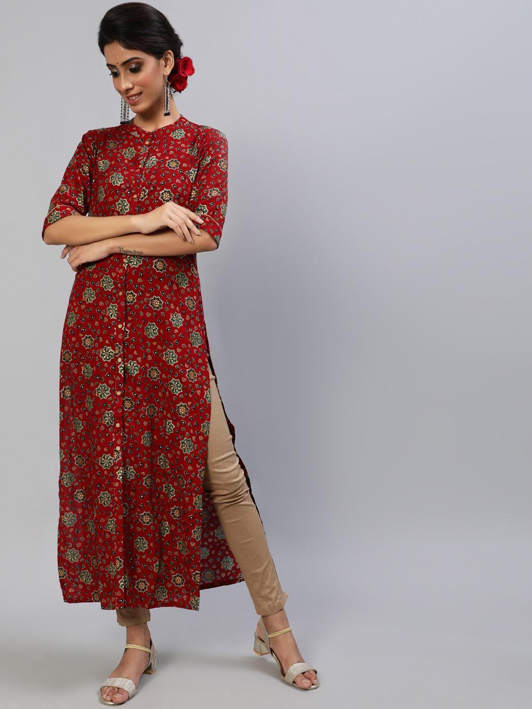 aks couture women red floral printed sequinned kurta