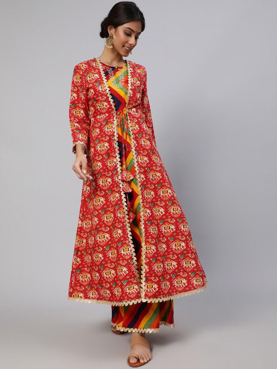 aks couture women red leheriya printed regular pure cotton kurta with palazzos