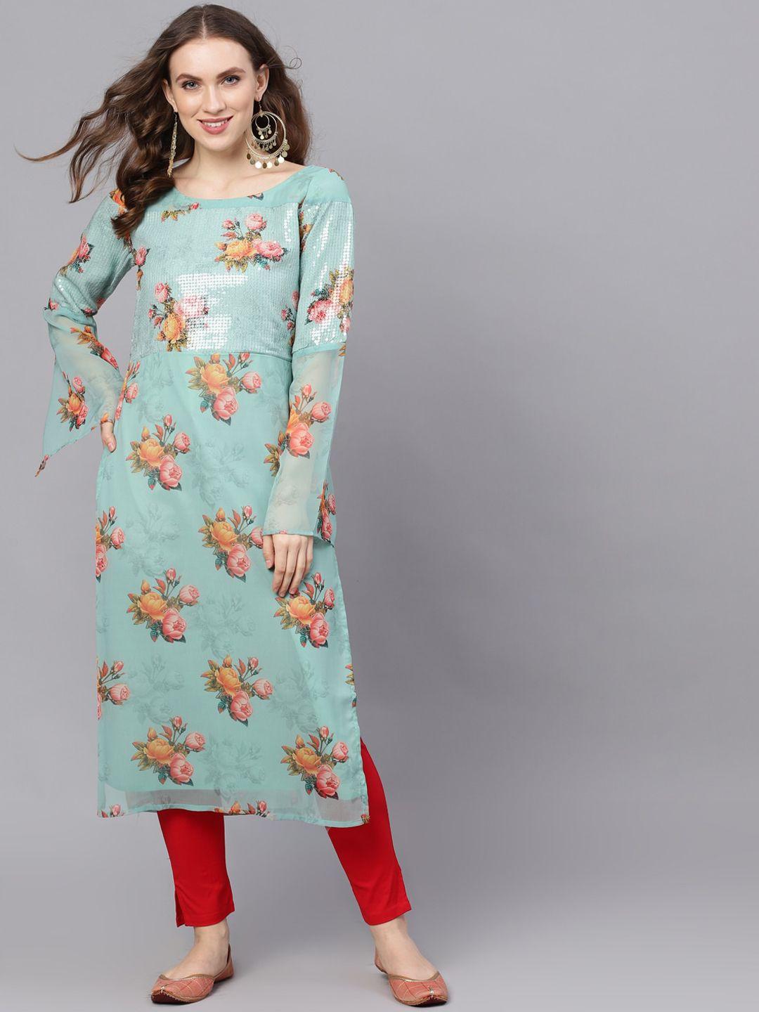 aks couture women sea green floral printed flared sleeves sequinned georgette kurta