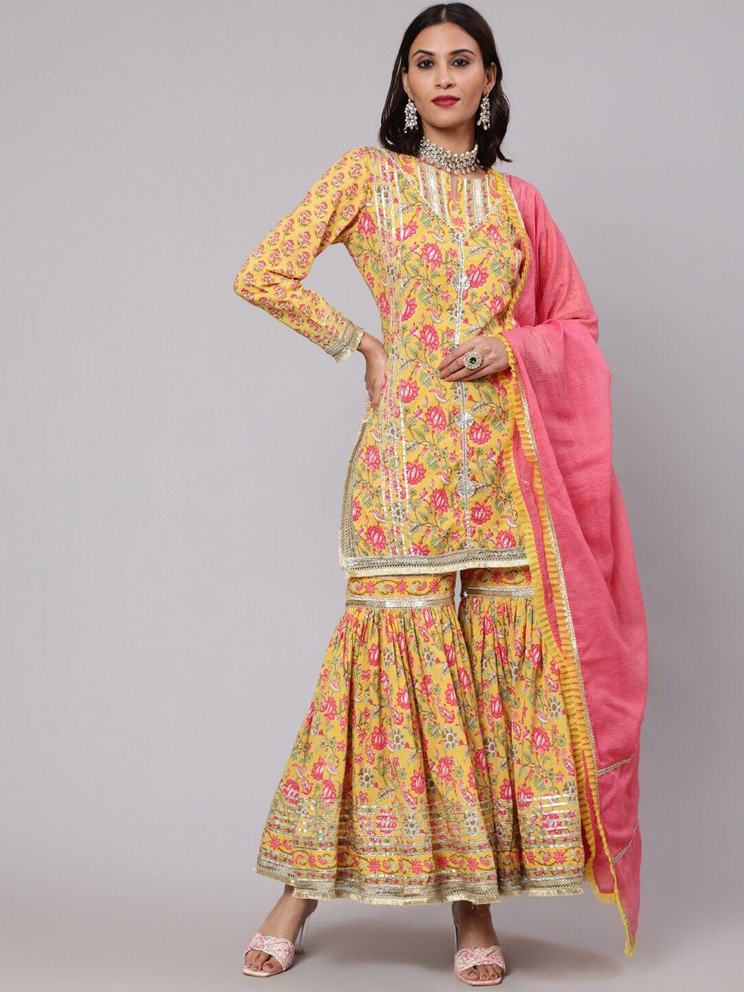 aks couture women yellow ethnic motifs printed regular gotta patti pure cotton kurta with sharara & with